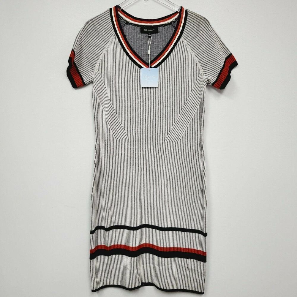 St. John Sport Sz M Knit Dress White, Red, Blue Bodycon Cashmere Blend NWT